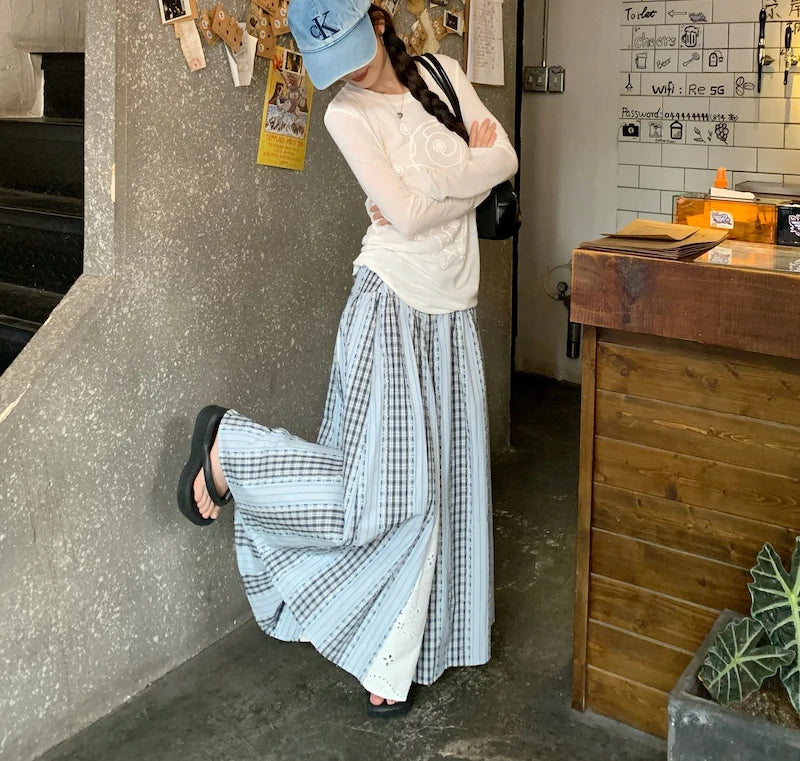 Sweet Lace Patchwork Long Skirts Women Korean Loose High Waist Skirt Casual Design Striped Plaid Elegant Female Skirts New voguable