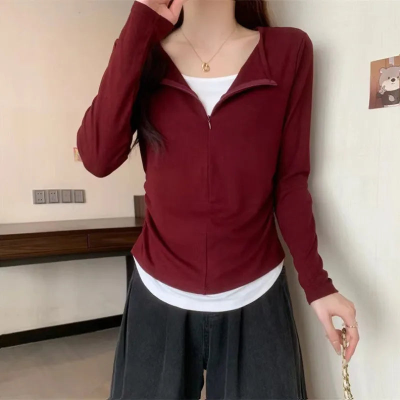 Long Sleeve T Shirt Women Fashion Fake Two Pieces Patchwork Basic Slim Zipper Slimming Bottoming Shirt Retro Red Casual T-shirt voguable