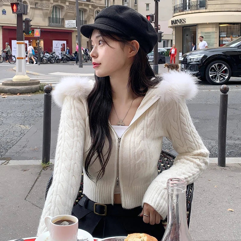 Voguable Furry Hooded Sweaters Coat Autumn Winter Women Casual Hoodie Y2K Zipper Cropped Sweater Jacket Korean Female Knitwear voguable
