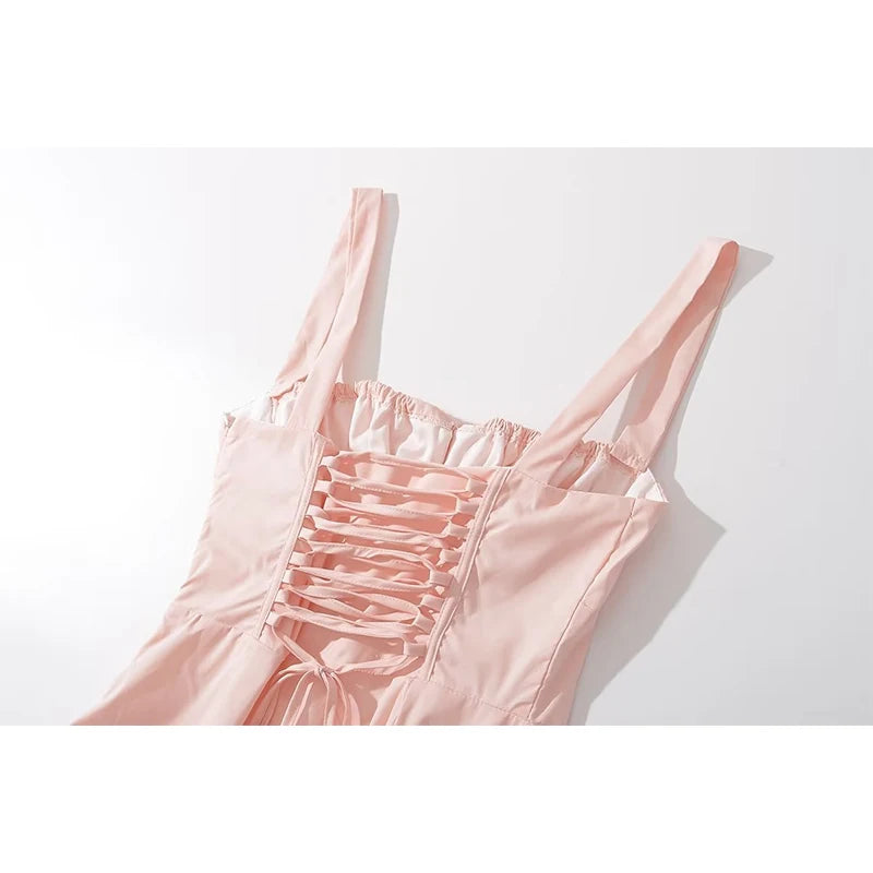 Voguable  Elegant Women Sexy Cross Lacing Up Bandage Back Pink Sling Dresses Summer Sleeveless Slit Hem Female Party Midi Robe voguable