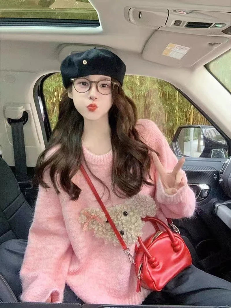 Cute Cartoon Pink Sweater Women Sweet Long Sleeve Knitted Kawaii Jumper Vintage Japan O Neck Lady Casual Lazy Wind Tops New voguable