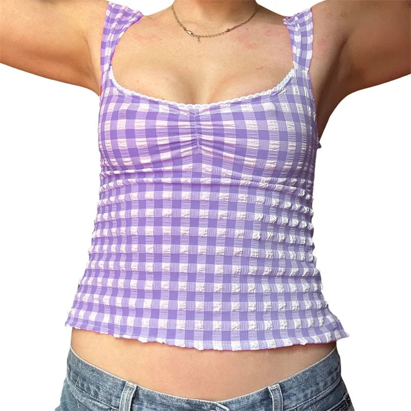 y2k Tops for Women Summer Fairycore Clothing Plaid Print Lace Trim Sleeveless Tanks T Shirts 2000s Clothing Streetwear voguable