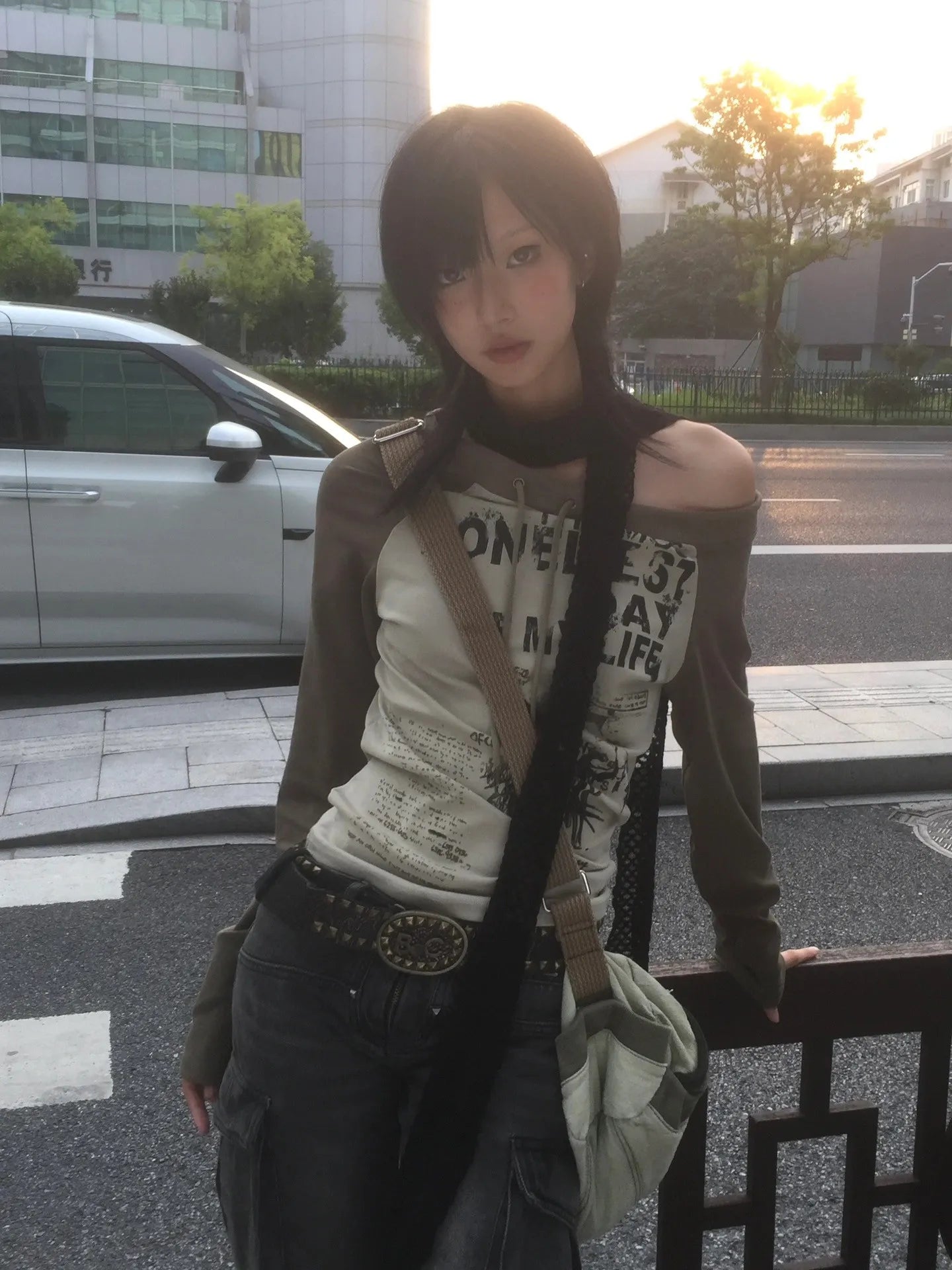 Japanese Y2k Off Shoulder T-shirt Grunge Aesthetics Graffiti Print Long Sleeve Tee Shirt Vintage Harajuku Streetwear 90s voguable