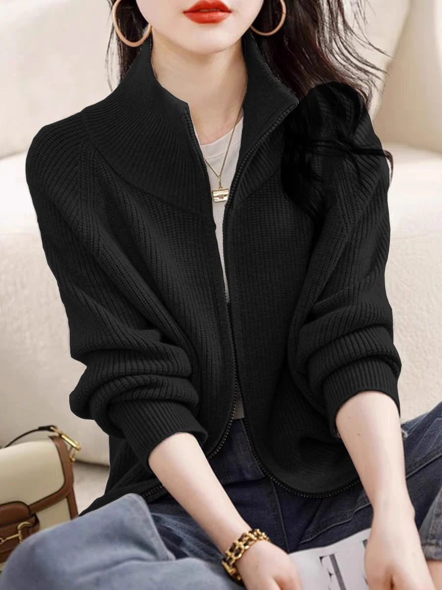 Women's Zip Up Sweater Cardigan Cozy Knit Stand Collar Zipper Front Plain Sweater Jacket Female Korean Chic Fall Winter Outfit voguable