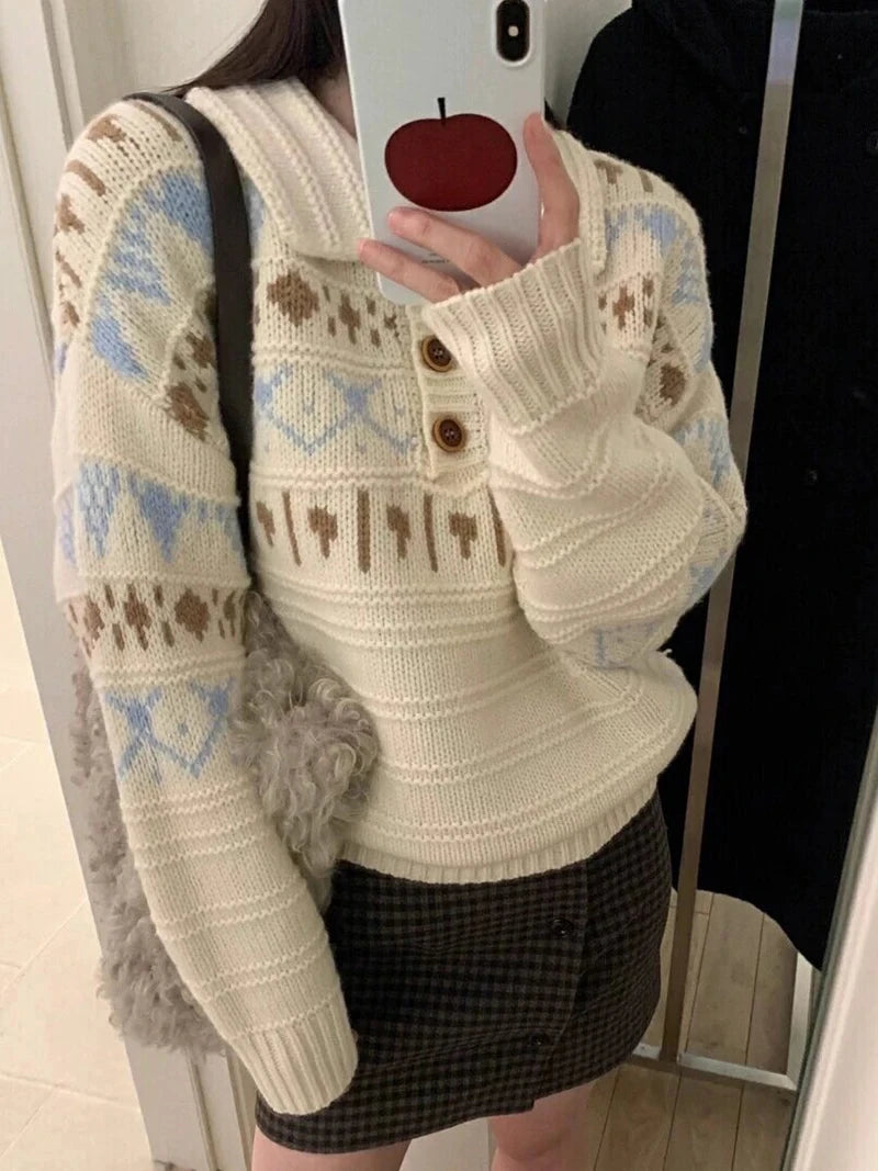 Retro Women Print Sweater Casual Korean Lazy Wind Sweet Knitted Jumpers Fall Winter Lady Long Sleeve Vintage Soft Pullover voguable