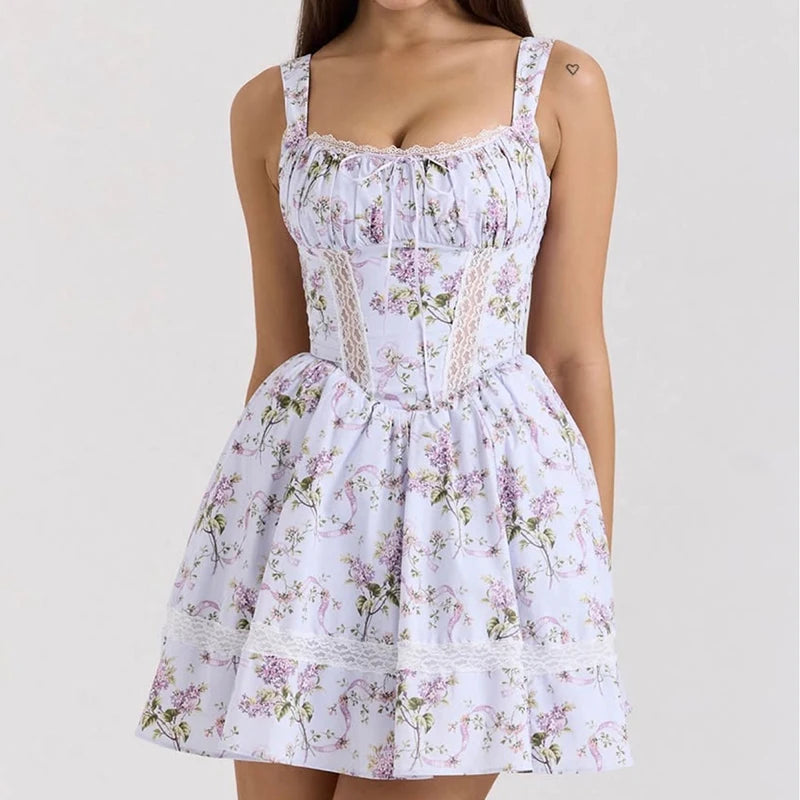 Floral Print Tank Mini Dress Women Lace Spliced O Neck Sleeveless A-line Holiday Casual Summer Dresses Party Robe voguable