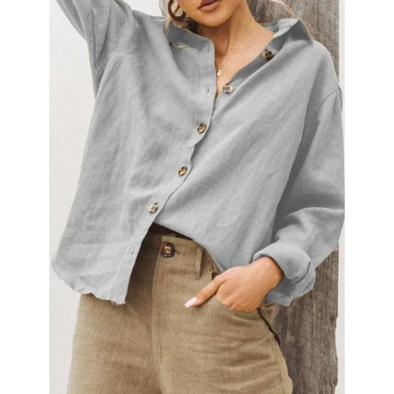 Voguable  Fashion Solid Color Loose Fit Simple Versatile Casual Women's Shirt Turn-dowen Collar Button Lightweight Long Sleeved Shirt New voguable