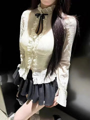 Voguable  Korean Style Chic Spicy Girl Black Suit Jacket Women Elegant Hollow Out White Shirt Puffed Mini Skirt Fashion Three-piece Set voguable