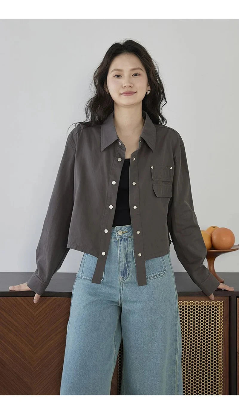 American Y2K Cargo Jacket Women Fall Casual Long Sleeve Vintage Short Coat Harajuku Turn Down Collar New Solid Hip Hop Tops voguable