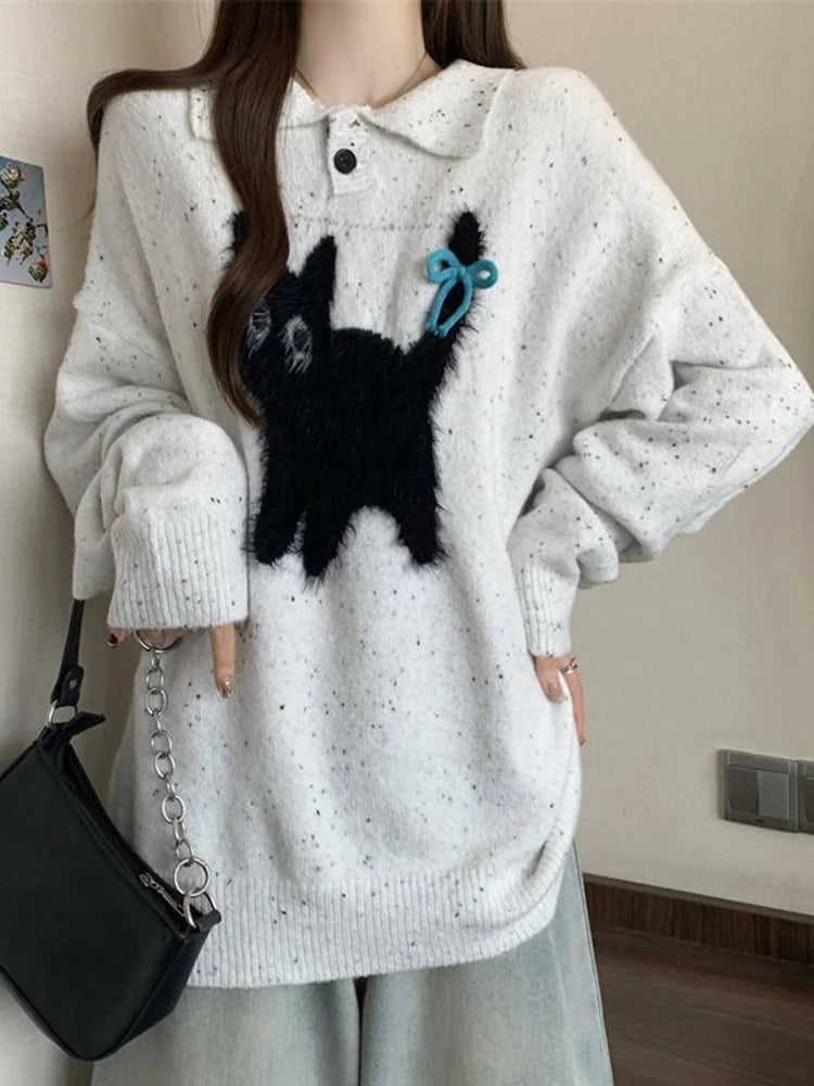 Cute Cartoon Bow Sweaters Women Loose Vintage Long Sleeve Kawaii Knitted Jumper Japan Casual Preppy Style Retro Pullovers voguable