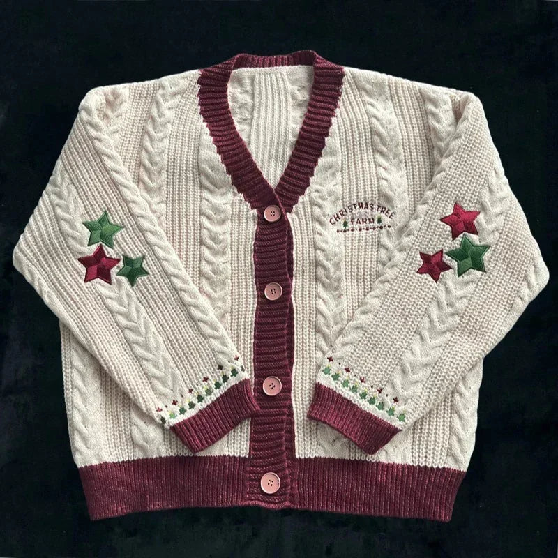 Christmas Tree Women Cardigan Autumn Winter Knitted Cardigans with Star Embroidery Holiday Sweater Folklore Tops Christmas Gift voguable