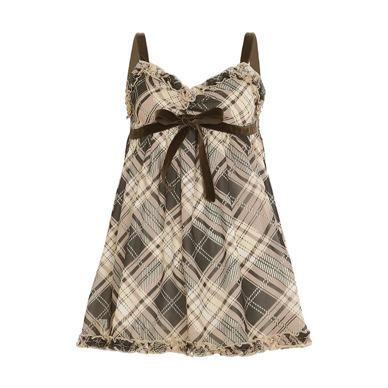 Sweet Plaid Bow Cute Simple Camisole Dresses Tops Fashion All-Match Retro Women Home Clothing voguable