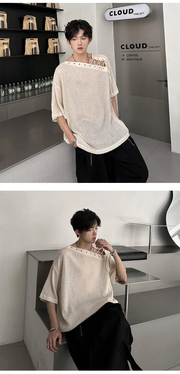 Korean Style Men's T-shirts Short Sleeve Casual Lace-up Design Solid Color Tees Hollow Out Loose Male Tops Summer 9W3719 voguable