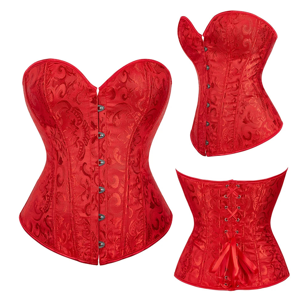 Voguable Overbust Corset Jacquard Floral Black White Pink Blue Korset Fish Boned Gothic Bustier Top Front Busk Clothing Gorset voguable