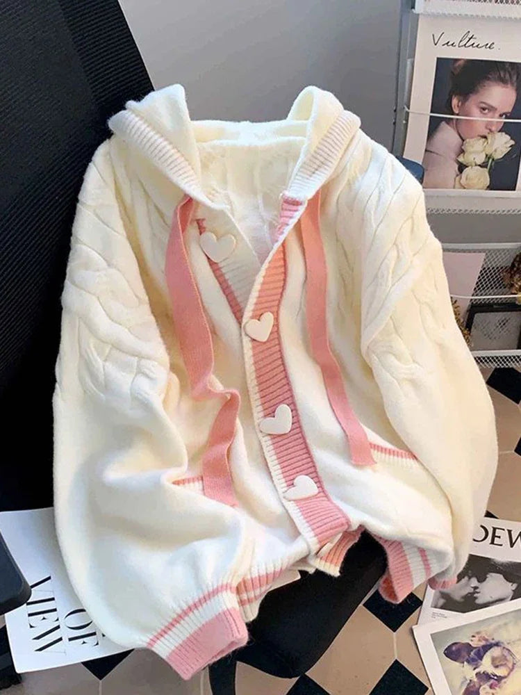Cute Sweet Cardigan Sweaters Women Lazy Wind White Knitted Coats Long Sleeve Loose Female Japan Kawaii Elegant Hooded Tops voguable
