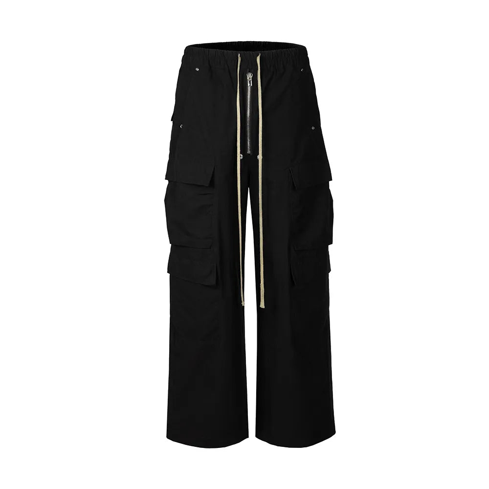 Style Wide Leg Drawstring Black Cargo Pants Unisex Straight Baggy Casual Overalls Men's Streetwear Loose Oversized Trousers