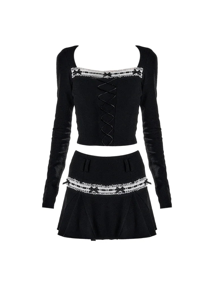 Voguable Women Dark Academia Y2k 2000s Aesthetic Rave Night Club Outfits 2 Piece Set Long Sleeve T-Shirts Crop Tops + Mini Pleated Skirts voguable