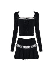 Voguable Women Dark Academia Y2k 2000s Aesthetic Rave Night Club Outfits 2 Piece Set Long Sleeve T-Shirts Crop Tops + Mini Pleated Skirts voguable