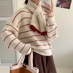 Women's Striped Sweater with Scarf Chunky Knit Loose-fit V-Neck Pullover Striped Jumper Ladies Autumn Winter Classic Chic Outfit voguable