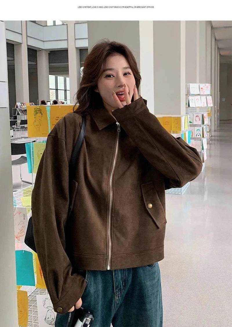 American Y2K Jacket Women Vintage Loose Faux Suede Long Sleeve Casual Coat Hip Hop Fall Winter Lady Streetwear New Outwear voguable