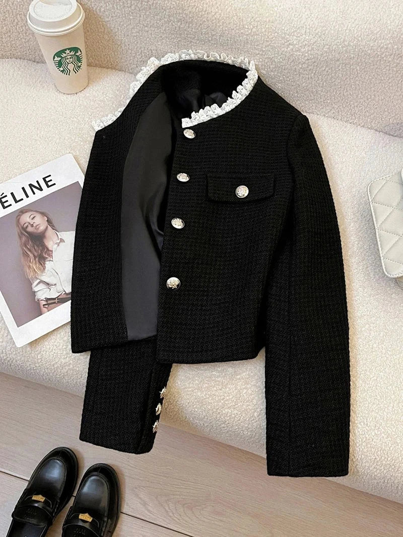 Black Slim Elegant Tweed Jacket Women Vintage Lace Patchwork Long Sleeve Sweet Coat Fall Winter French Casual Retro Tops voguable