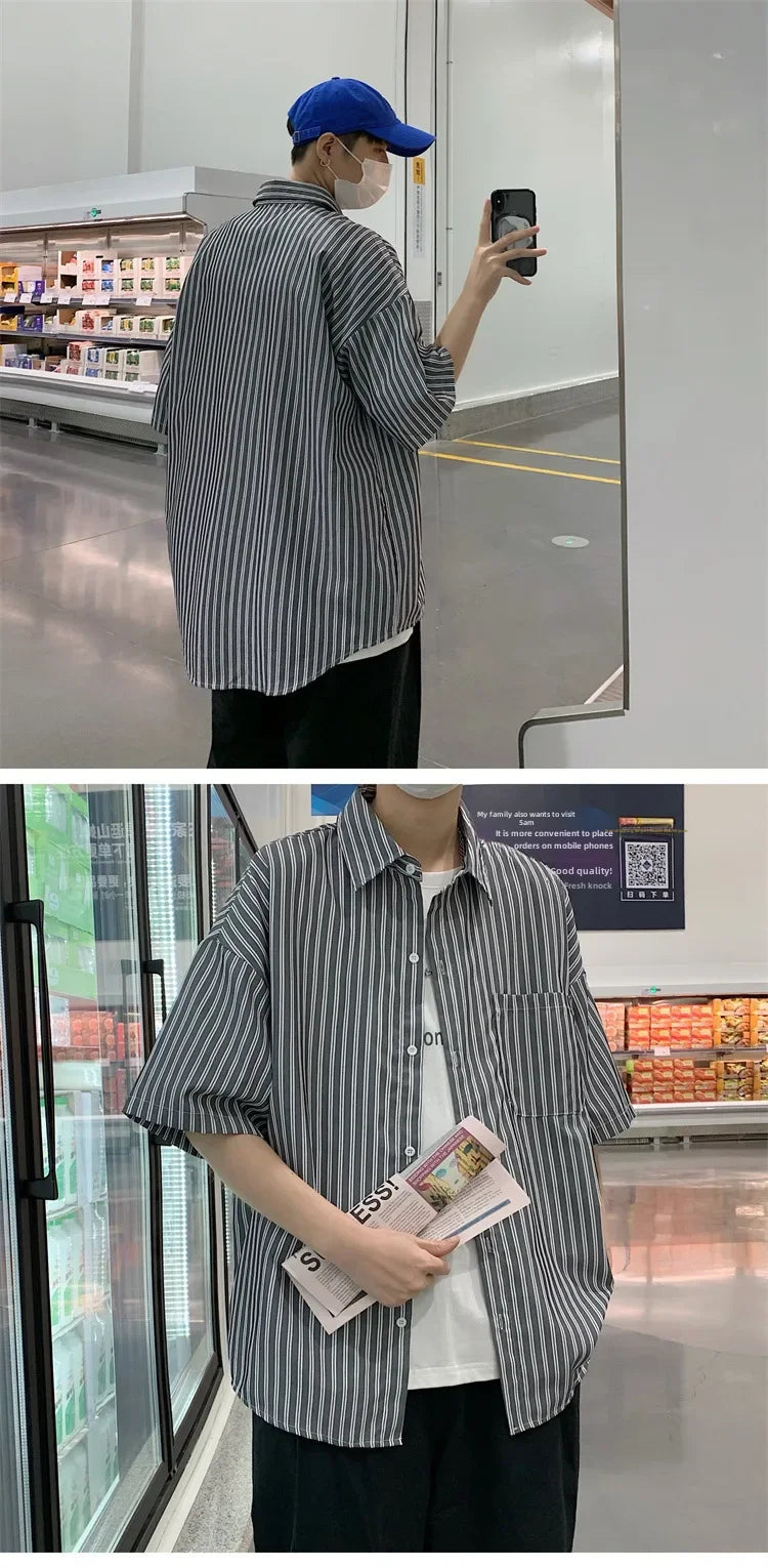 Japanese Style Simple Striped Short Sleeve Shirt For Men Summer Korean Trendy Loose Fit Casual Jacket voguable