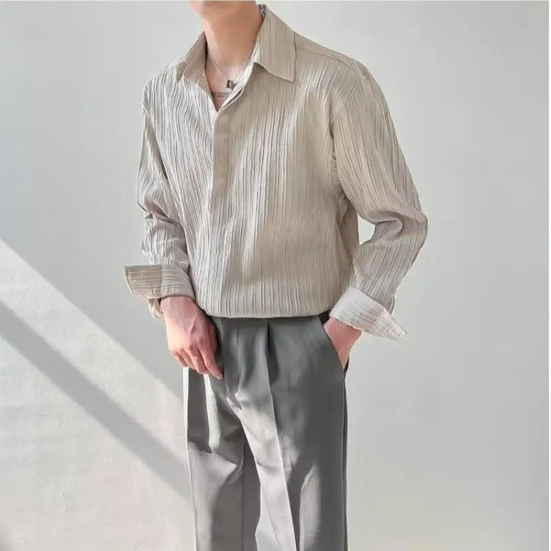 Voguable Black Apricot White Long-sleeved Shirt Men Fashion Social Men Dress Shirt Korean Loose Casual Pleated Shirts Men Formal Shirt voguable