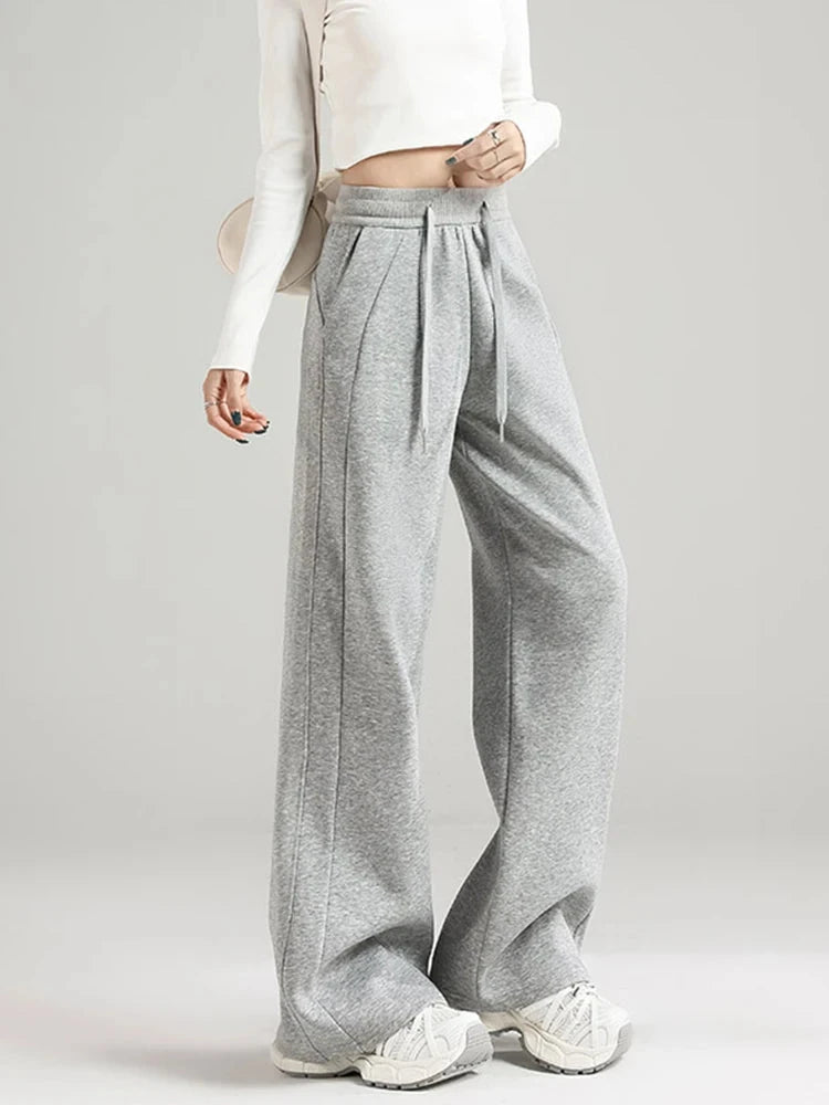 Preppy Style Black Sweatpants Women Vintage High Waist Loose Straight Pant Korean Casual Fall Lace Up Wide Leg Trousers New voguable