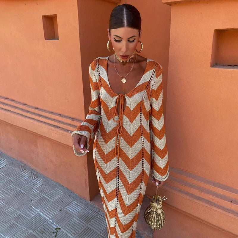 TARUXY Autumn New Lace Up Hollow Sexy Beach Cover Up Dress Women's  Stripled Long Sleeve Slim Elegant Knitted Maxi Dress V Neck voguable