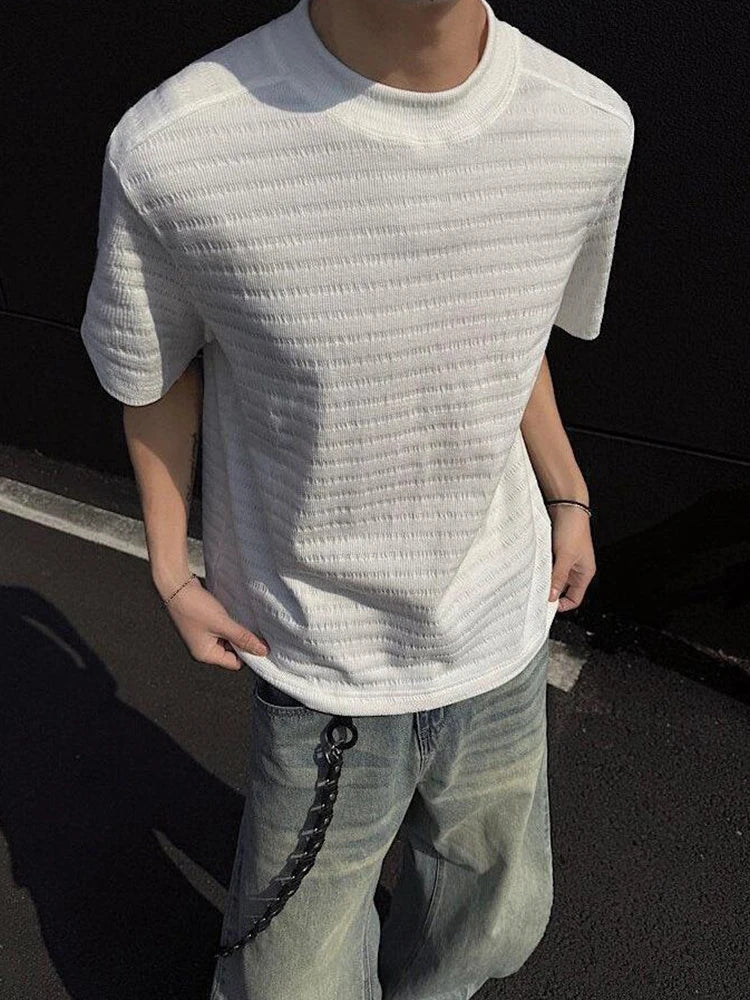 Fashion Textured Knitted T Shirts Mens Spring Summer Casual Solid Color Short Sleeve Slim Men T-shirt Trendy Crew Neck Tee Tops voguable