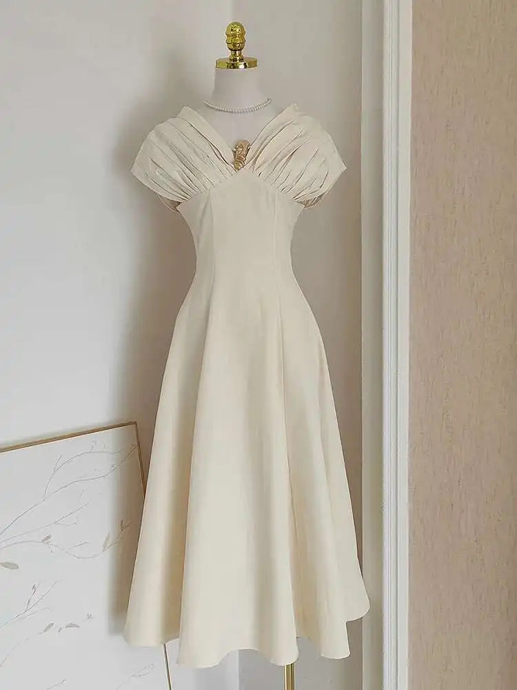 Solid Folds Design Dresses For Women Short Sleeve High Waist V Neck Elegant Long Dress Female Autumn 2025 New voguable