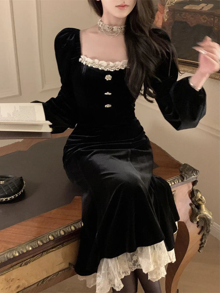 Lace Patchwork Black Dress Women Fall Winter French Elegant Square Collar Midi Dress Ladies Gold Velvet Party Fishtail Vestidos voguable