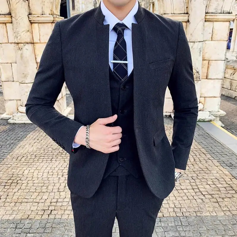 (Jackets+Vest+Pants) Sinicism Men's stand Collar High Quality Suits Male Slim Fit Solid Color Business Tuxedo Man Casual Blazers voguable