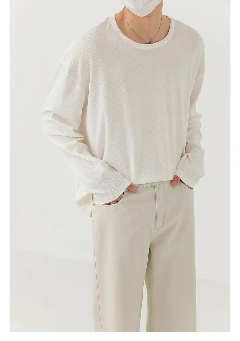 Korean Fashion Men T-shirt Luxury Knitted Solid Color Scoop Neck Long Sleeve Tees Casual Premium Quality Textured Knitwear M-3XL voguable