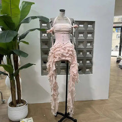 Fashion Women Dress Sleeveless Slash Neck Solid Color Tassel Strapless Irregular Female Party Dress New Tide voguable