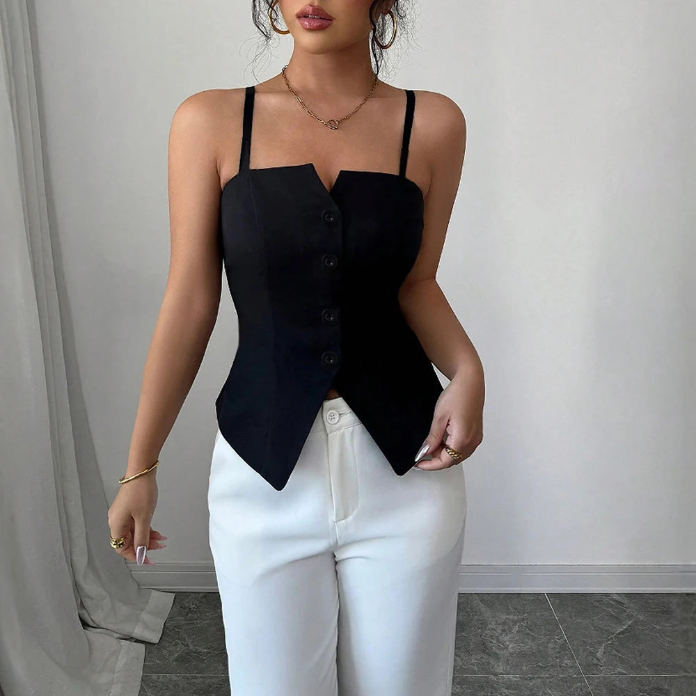 Tanks Spring Summer Skinny Fit Korean Single Breasted Sleeveless Square Neck Fashion Tanks For Women voguable