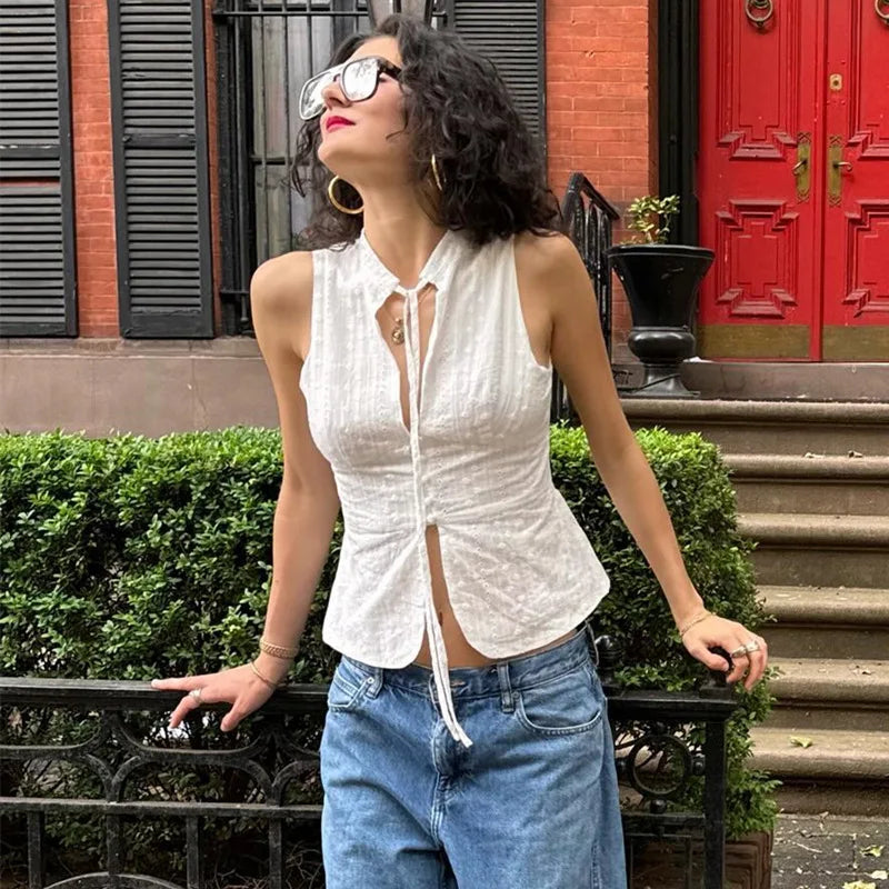 y2k Tank Top Women Summer Clothes White Flower Embroidery Mock Neck Front Cutout Sleeveless T Shirt Vest Streetwear voguable