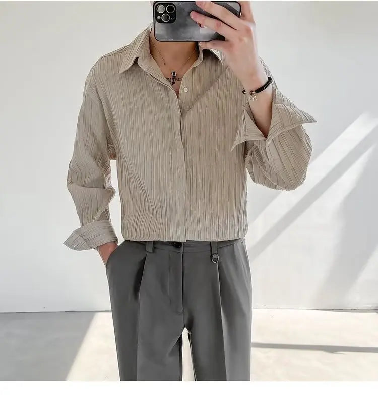 Black Apricot White Long-sleeved Shirt Men Fashion Social Mens Dress Shirt Korean Loose Casual Pleated Shirts Mens Formal Shirt voguable