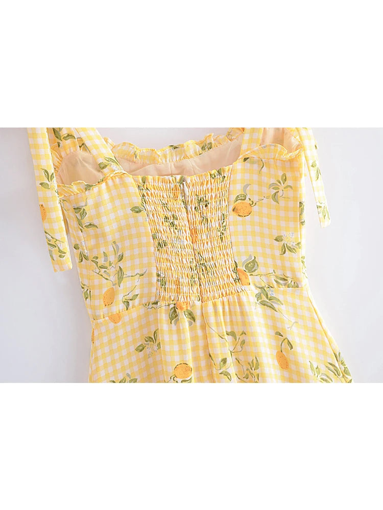 Voguable  Women Plaid Lemon Print Yellow Sling Short Dress Vintage Ladies Summer A-line Chiffon Dress French Style voguable