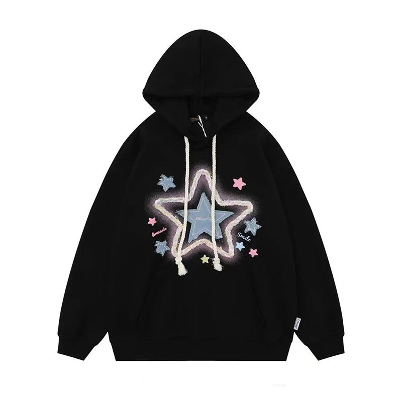 Vintage Star Print Hoodies Women Streetwear Loose Long Sleeve Sweatshirts American Retro Bf Casual Harajuku Pullover Tops voguable