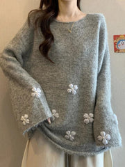 Sweet Floral Chic Sweater Women O Neck Cute Long Sleeve Knitted Jumpers Fashion Preppy Style Loose Lazy Wind Lady Fall Pullover voguable