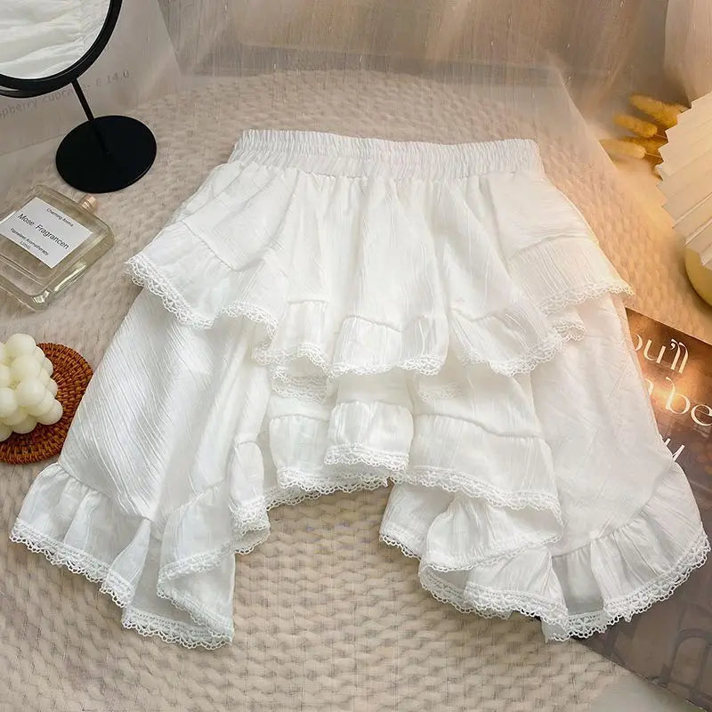 Voguable Elastic Waist White Black Irregular Mini Kawaii Skirt Japanese Style School Y2k Aesthetic Ruffles Short Skirt Women Streetwear voguable