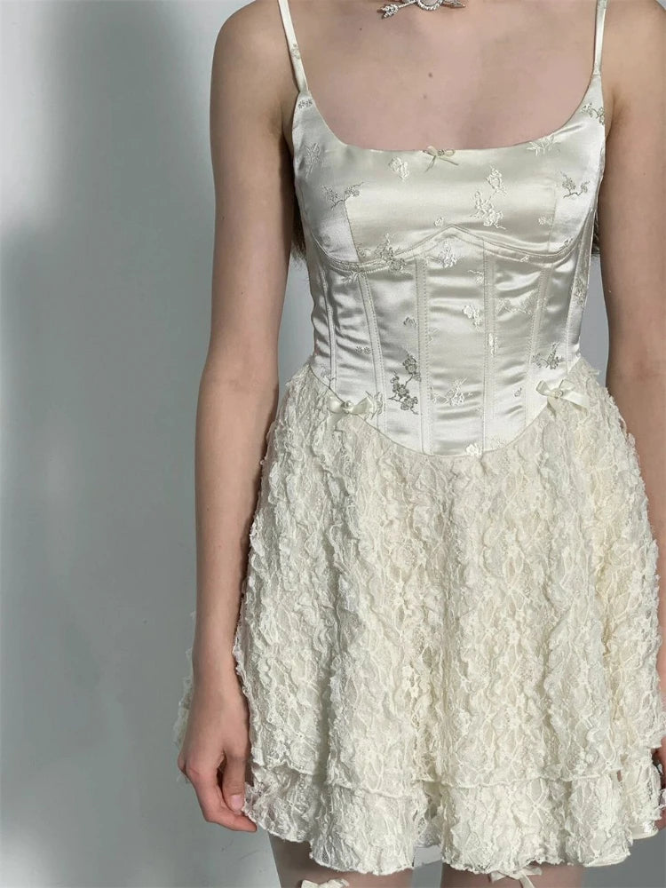 Voguable  Elegant Fairy Dress Women Summer High Waist White Lace Party Mini Dresses Spaghetti Strap Streetwear Korean Fashion voguable