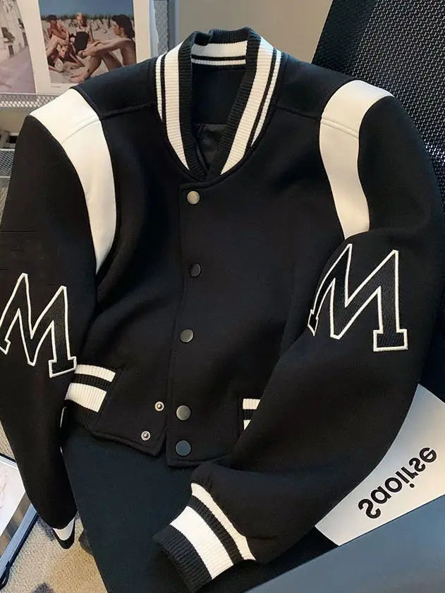 American Fashion High-end Baseball Uniform Embroidered Letters Black White Color-blocking Niche Fat Girl Cardigan Top Coat Chic voguable