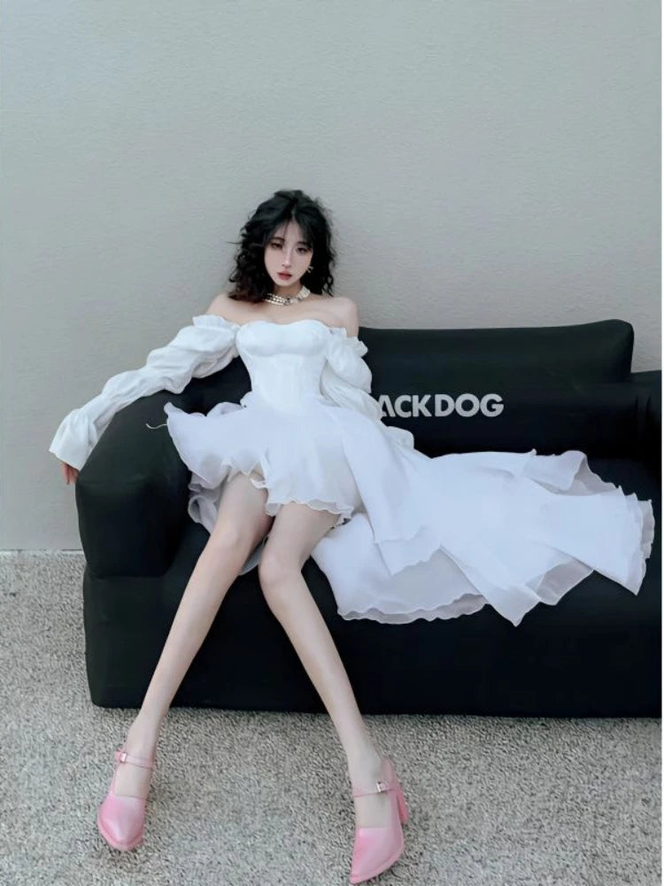 Voguable White Fairy Dress Women Elegant Evening Party Dresses Long Sleeve Mesh Patchwork Vintage  Spring Fashion voguable