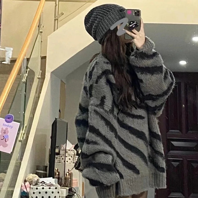 Voguable  Oversized Fuzzy Striped Sweater Women Autumn Winter Soft Warm Plush Knit Pullover Woman Casual Loose Round Neck Thick Top Female voguable