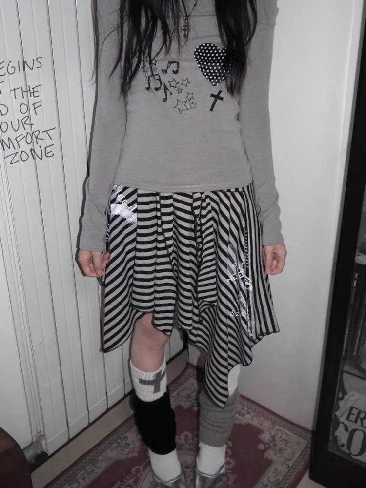 Japanese Style Harajuku Striped Skirt Women Vintage Gothic Y2k Grunge Mini Skirt Punk Irregular Streetwear Short Skirts voguable