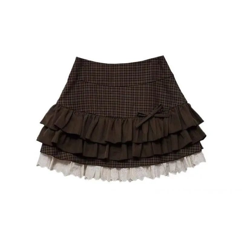 Brown Women Plaid Skirts Kawaii Lolita Sweet Mini Skirts Vintage Lace Patchwork Cute Fashion High Waist Layered Skirt voguable