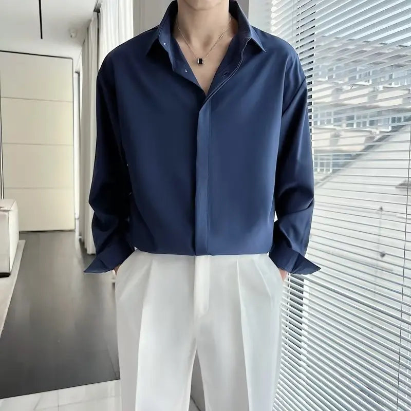 New Long Sleeve Men Shirt Ice Silk No Iron Simple Lapel Hidden Button Business Casual Autumn Solid Color Men Dress Shirt voguable