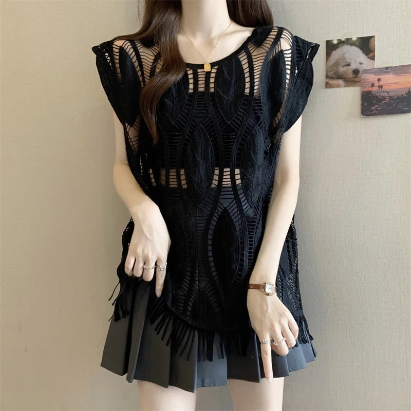 Voguable  Summer Pullovers Blouse New Sleeveless Hook Flower Hollow Vest Shirt Loose Casual Women Tops voguable
